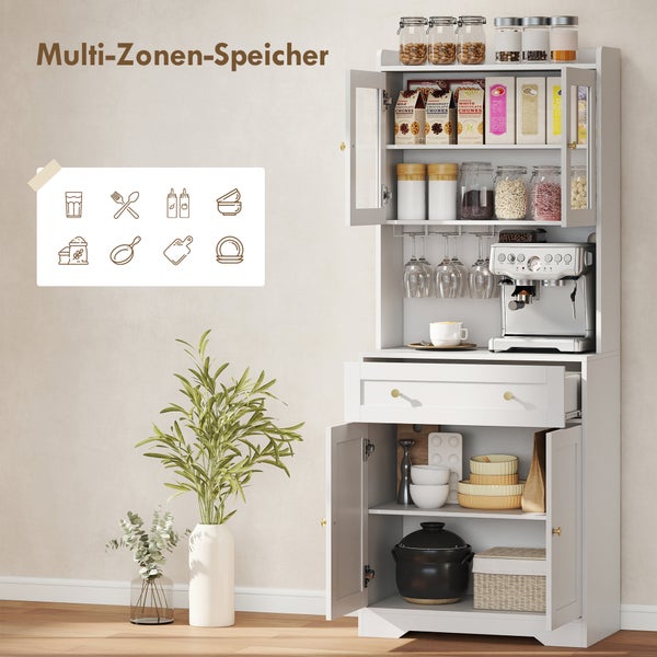 Moderner weißer Küchenschrank mit mehreren Aufbewahrungszonen, Glastüren, Schublade und Platz für eine Espressomaschine.