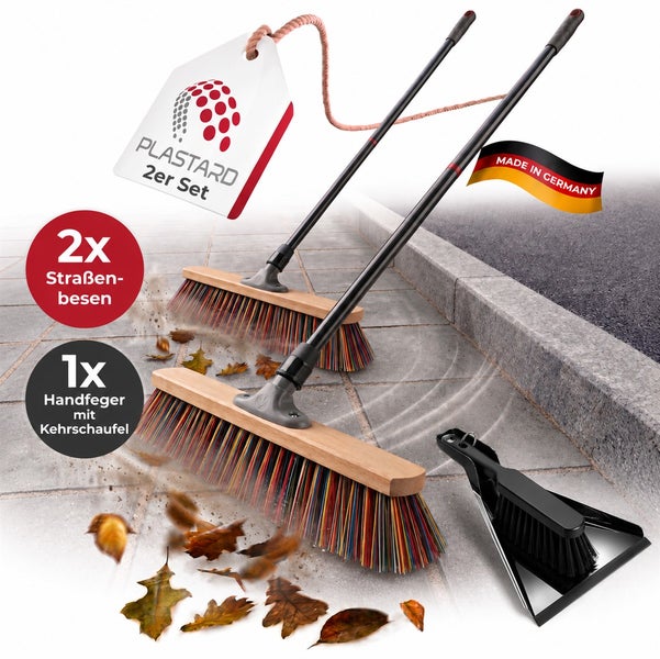 Set bestehend aus zwei Straßenbesen mit Holzstiel und einem Handfeger mit Kehrschaufel für die Außenreinigung.