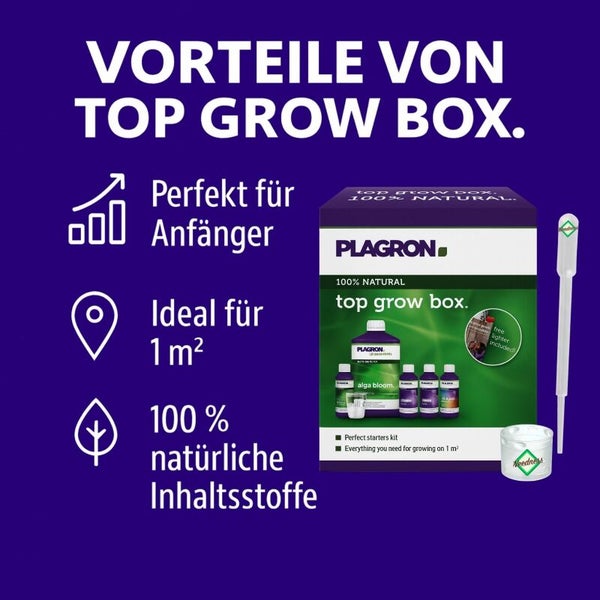 Plagron Top Grow Box Vorteile. Ideal für Anfänger und 1 Quadratmeter Anbaufläche, mit 100 Prozent natürlichen Inhaltsstoffen.