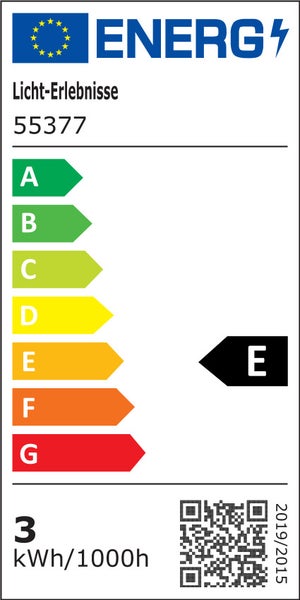 EU Energieeffizienzlabel für Leuchten mit Energieeffizienzklasse E und einem Verbrauch von 3 kWh pro 1000 Stunden.