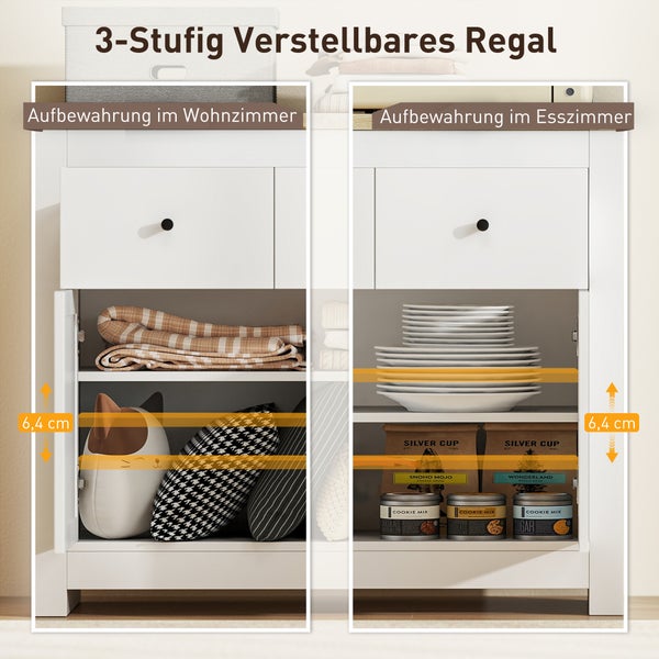 Weißer Schrank mit 3-stufig verstellbarem Regalboden für Wohn- und Esszimmer, 6,4 Zentimeter Verstellbereich für flexible Aufbewahrung.