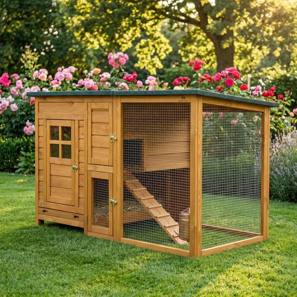 Kleintierstall aus Holz mit integriertem Freilaufgehege und Rampe, auf einer Rasenfläche im Garten.