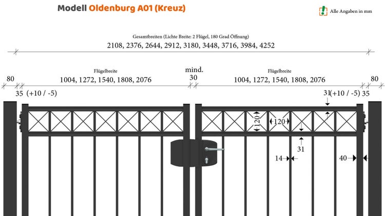 Technische Zeichnung Modell Oldenburg A01 (Kreuz) mit Maßangaben in Millimeter