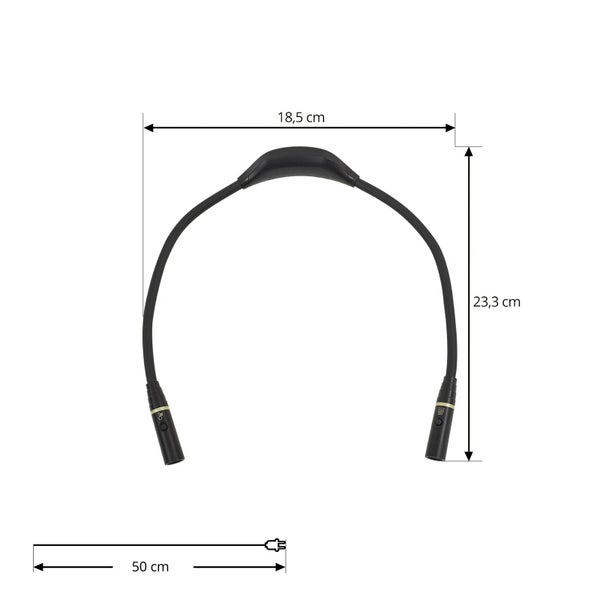 Schwarze LED-Nackenleuchte mit Abmessungen: Breite 18,5 Zentimeter, Höhe 23,3 Zentimeter und Kabellänge 50 Zentimeter.