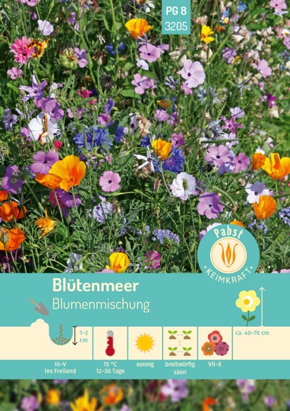 Blütenmeer Blumenmischung, Pabst Keimkraft Logo. Aussaat März bis Mai, 1-2 Zentimeter, 15 Grad, sonnig, Blüte Juli-Oktober, Höhe circa 40-70 Zentimeter.