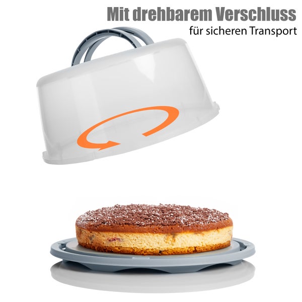 Tortenglocke mit transparentem Deckel, Tragegriff und Drehverschluss für den sicheren Transport.