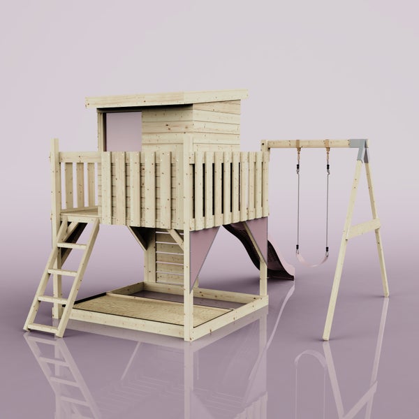 Kinderspielhaus aus Holz mit Podest, Leiter, Rutsche, Sandkasten und Schaukel.