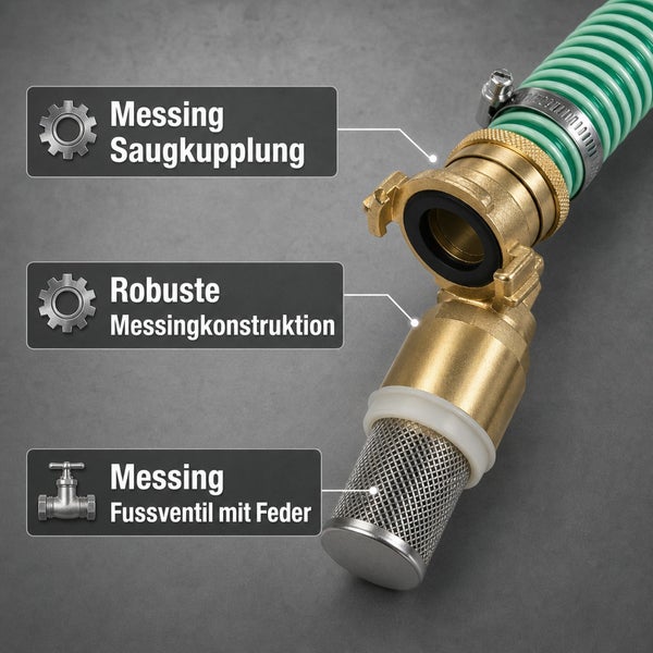 Messing Saugkupplung mit robustem Messing Fußventil mit Feder an einem Schlauch zur Bewässerung.