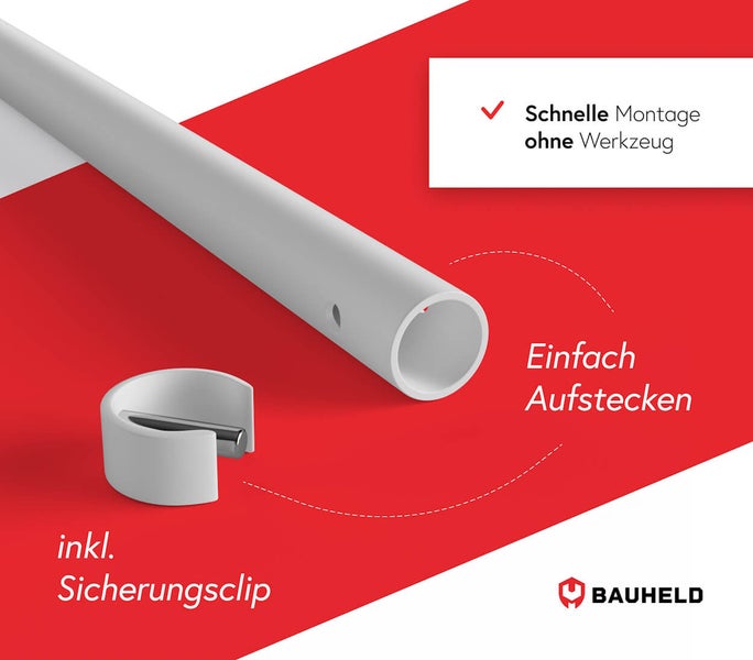 Weiße Stange mit Befestigungsclip und Produkthinweisen für eine schnelle, werkzeuglose Montage