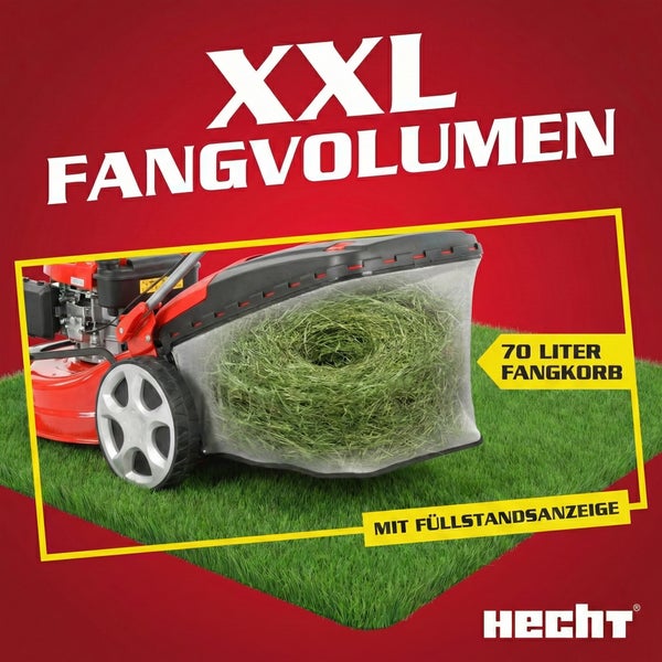 Hecht Rasenmäher mit 70 Liter XXL Fangkorb und Füllstandsanzeige. Der transparente Fangsack zeigt gesammeltes Gras auf einer Rasenfläche. Hecht Logo.