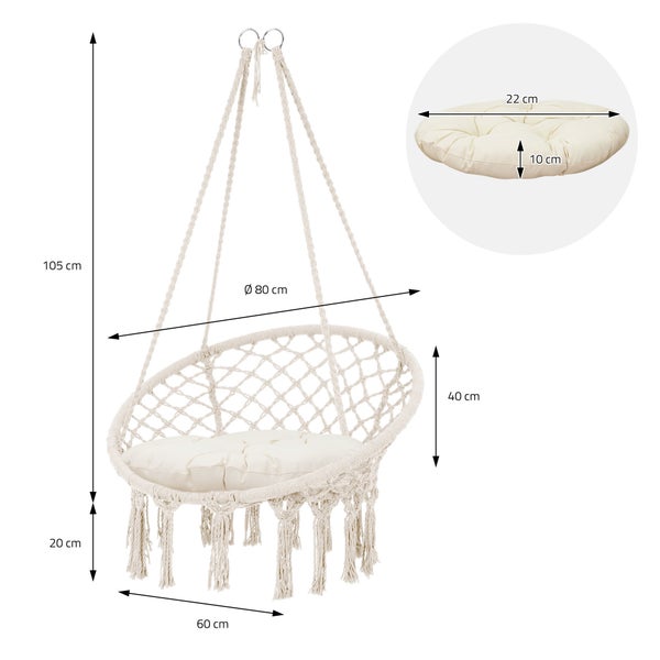 ECD Germany Hängesessel zum Aufhängen mit Sitzkissen, Beige, Boho Style, Makramee Design, Baumwolle, Ø 60cm, Belastbar bis 120kg, Geflochten Fransen Hängesitz Hängestuhl Hängeschaukel, Indoor/Outdoor