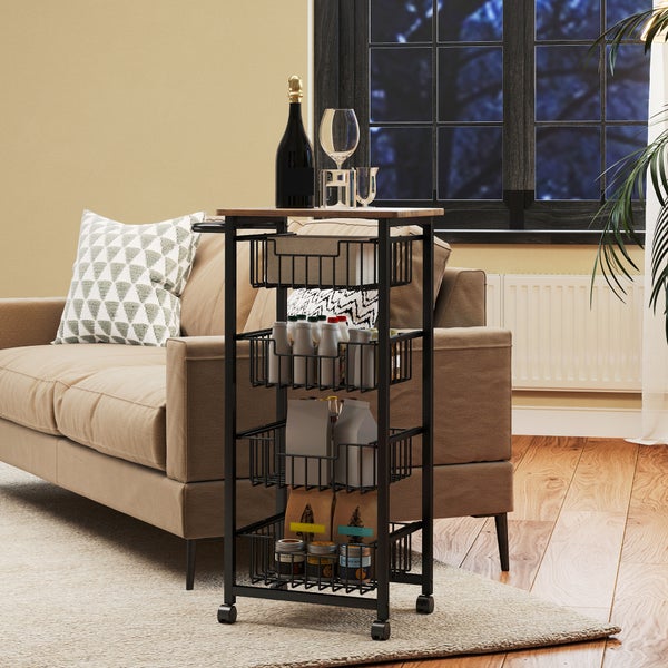 HOMCOM Küchenwagen Servierwagen mit Arbeitsplatte, 4 ausziehbaren Stahlkörben, Rollwagen für Büro, 49,5 x 31 x 91 cm, Eiche