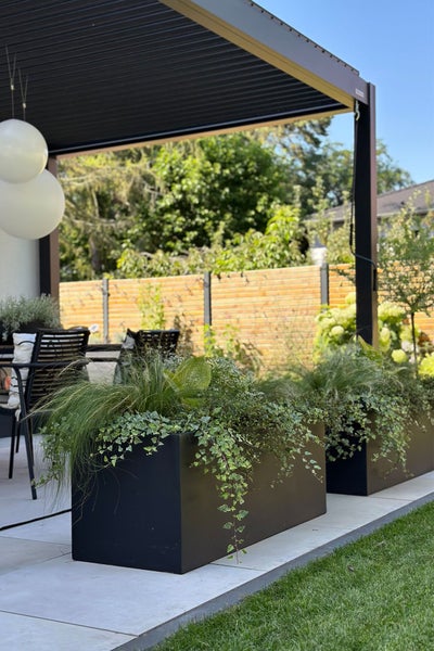 Moderne schwarze Pflanzkübel aus Metall auf einer hellen Terrasse unter einer dunklen Pergola, bepflanzt mit Efeu und Gräsern im sonnigen Garten.