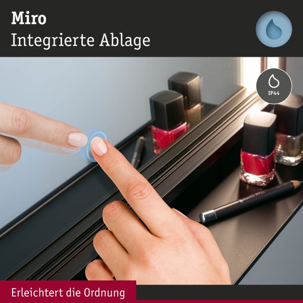 Miro Badspiegel mit integrierter Ablage, Touch-Sensor und Spritzwasserschutz zur Aufbewahrung von Kosmetik.