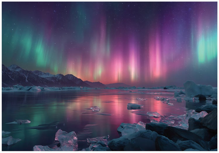 Nordlichter über einem See mit Eisbergen und Bergen