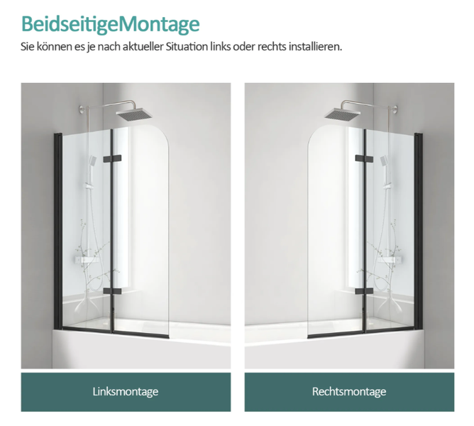 EMKE Badewannenaufsatz 2-teilig 110 x 140 cm Schwarz – Faltbare Duschwand aus 6 mm ESG-Sicherheitsglas mit NANO-Beschichtung, beidseitig montierbar
