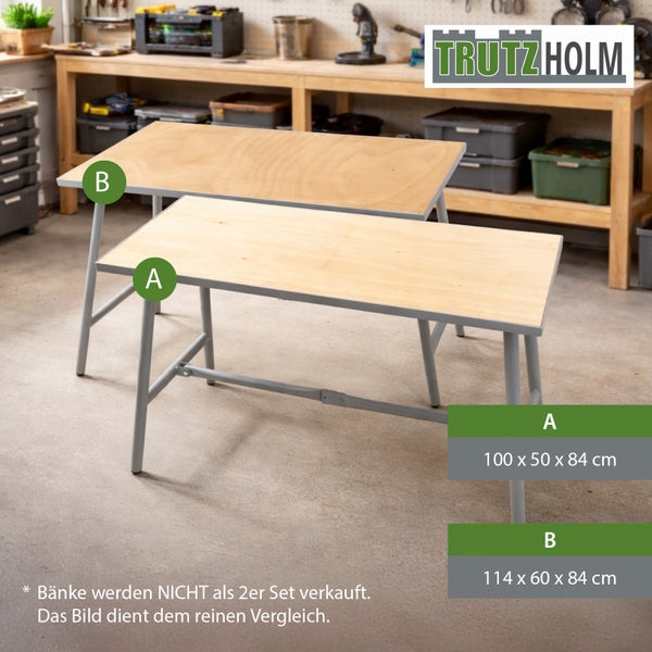 Trutzholm Logo. Zwei Arbeitstische mit Holzplatte und Metallgestell im Vergleich: 100 mal 50 mal 84 und 114 mal 60 mal 84 Zentimeter.