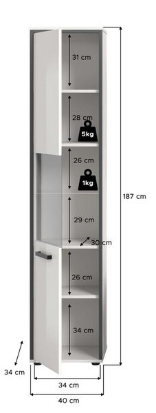 Hochschrank mit den Maßen: Höhe 187 Zentimeter, Breite 40 Zentimeter, Tiefe 34 Zentimeter. Sechs Fächer mit Traglasten von 1 bis 5 Kilogramm.