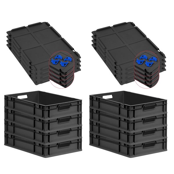 PROREGAL SuperSparSet 8x Eurobox NextGen Grip mit Auflagedeckel inkl. 4 blauen Schiebeschnappverschlüssen, HxBxT 12x40x60cm, 23 Liter, Schwarz, Griffe offen, Eurobehälter, Transportbox, Transportbehälter, Stapelbehälter
