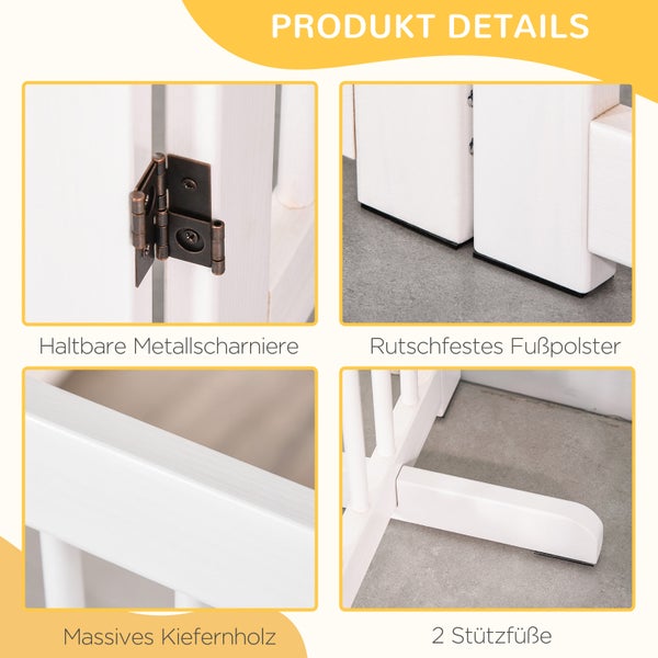 PawHut Absperrgitter Hund 4-teilig, 204 x 75 cm Faltbar Türschutzgitter mit Tür, Freistehend Hundegitter mit 2 Stützfüßen, Treppengitter aus Holz für Flur, Küche, Treppe, Weiß