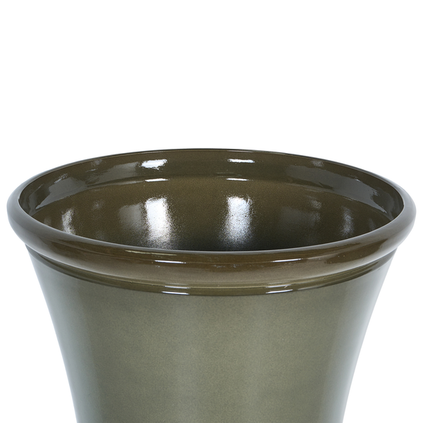 Glasierter Keramik-Blumentopf mit breitem, abgerundetem Rand und konischer Form.
