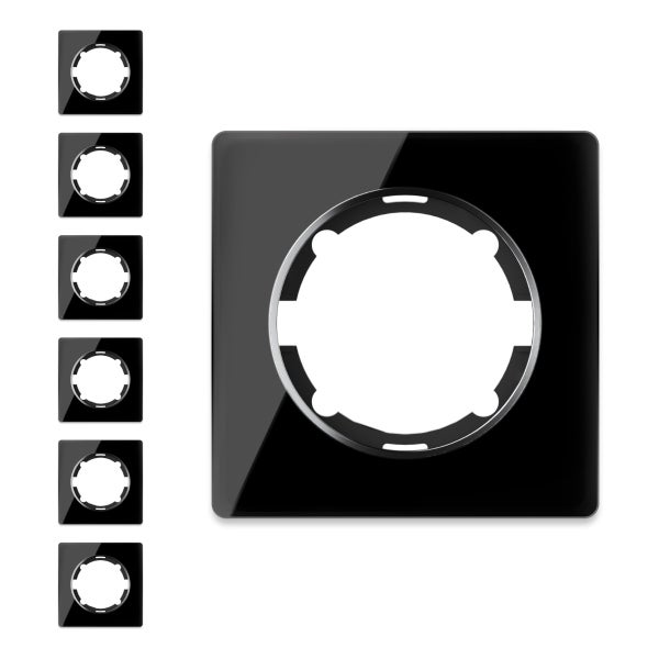 Set aus sechs quadratischen Abdeckrahmen für Lichtschalter in glänzender Optik zur Montage von Schalterprogrammen.