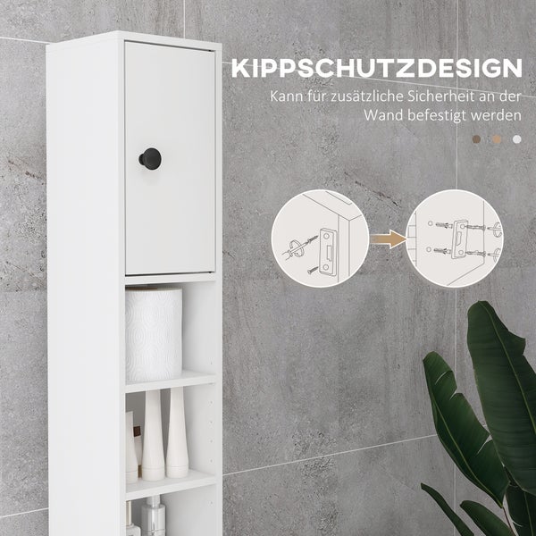 Weißer Badschrank mit Kippschutz zur Wandmontage, schmales Design mit Tür und offenen Fächern.