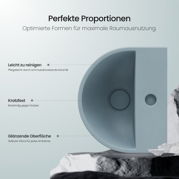 EMKE U-förmiges Handwaschbecken 303 x 255 mm, Keramik, Matt Hellgrau-Blau, Wandwaschbecken, mit Wasserhahnbohrung, für Badezimmer und Gäste-WC, Höhe: 12 cm