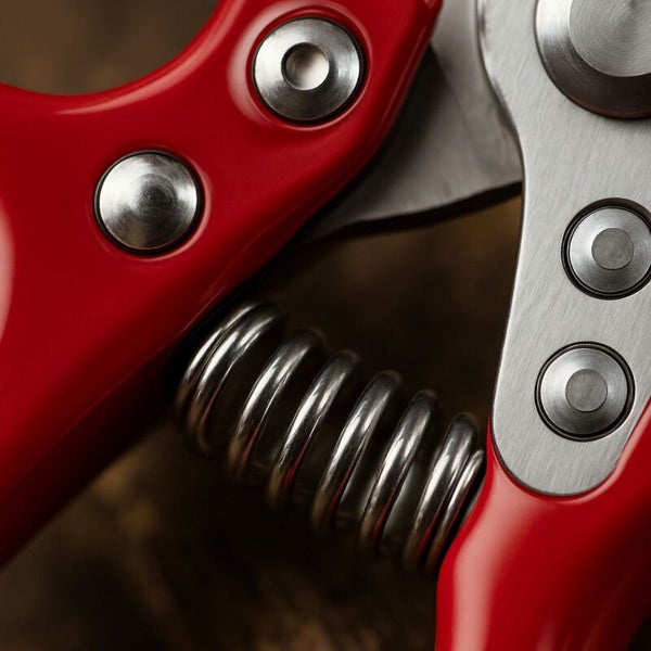 Nahaufnahme einer Gartenschere mit Feder und roten Griffen