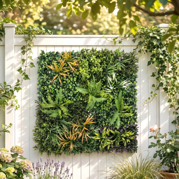 Künstliche Pflanzenwand mit verschiedenen Blattstrukturen montiert an einem weißen Gartenzaun.