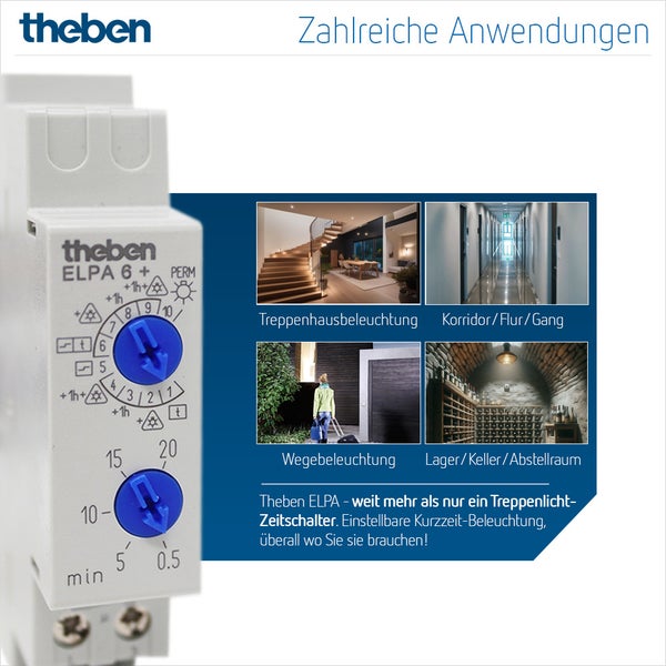 Theben 0060003 ELPA 6 Plus - Treppenlicht-Zeitschalter elektronisch, TLZ, Ausschaltvorwarnungen, Multifunktion, jederzeit nachschaltbar, 600 W LED