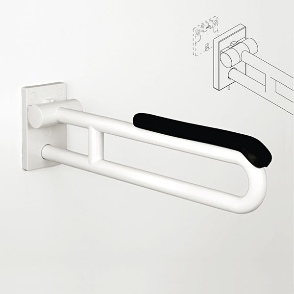 Weißer klappbarer Stützklappgriff für das Badezimmer mit schwarzer Polsterung und technischer Zeichnung der Montage.