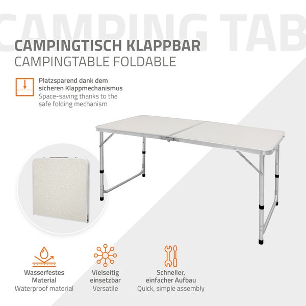 ECD Germany Campingtisch Klapptisch mit Tragegriff 120x60x55/63/70 cm Weiß Creme aus Aluminium und MDF - höhenverstellbar, klappbar - Falttisch Gartentisch Balkontisch Reisetisch Arbeitstisch Tisch