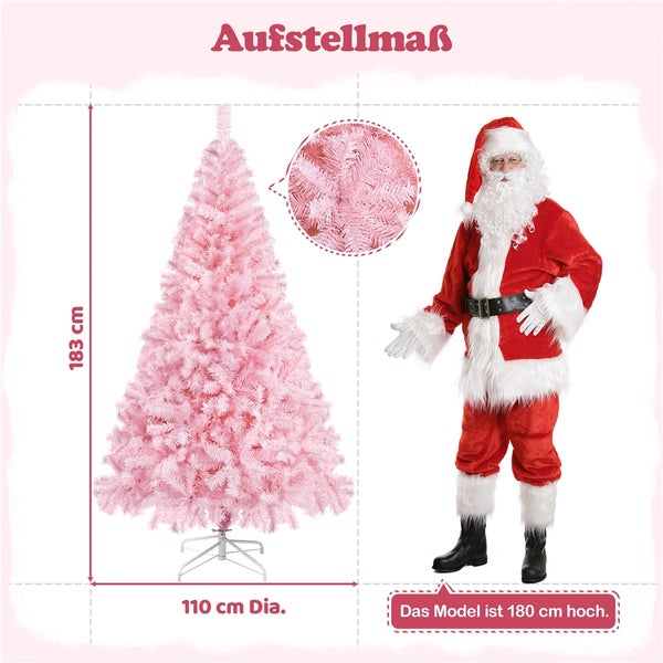 Rosa künstlicher Weihnachtsbaum mit Maßangaben und Weihnachtsmann