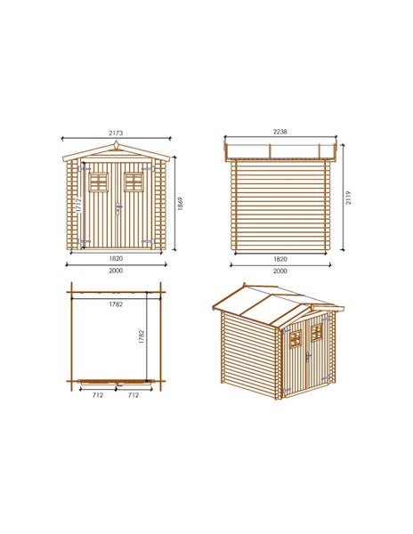 Maßzeichnung für ein Gartenhaus aus Holz mit Doppeltür, inklusive Vorderansicht, Seitenansicht, Grundriss und 3D-Ansicht mit Maßangaben.