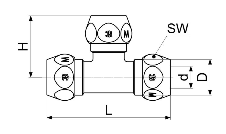 Technische Zeichnung eines T-Stücks für Rohrleitungen mit Maßangaben für Länge, Höhe, Durchmesser und Schlüsselweite.