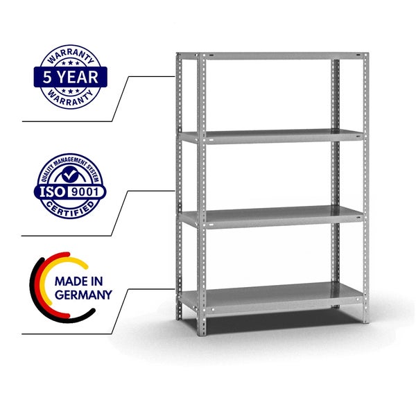 PROREGAL Fachbodenregal Schraubsystem Heavy-Duty Grundregal HxBxT 150 x 100 x 40 cm 4 Ebenen Fachlast 350 kg Beidseitig Nutzbar Verzinkt