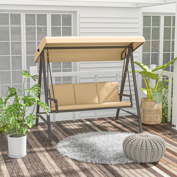 Outsunny Hollywoodschaukel, 3-Sitzer Gartenschaukel mit Verstellbarem Dach, bis 360 kg Belastbar, 200 x 125 x 175 cm, Polyester, Netzstoff, Beige