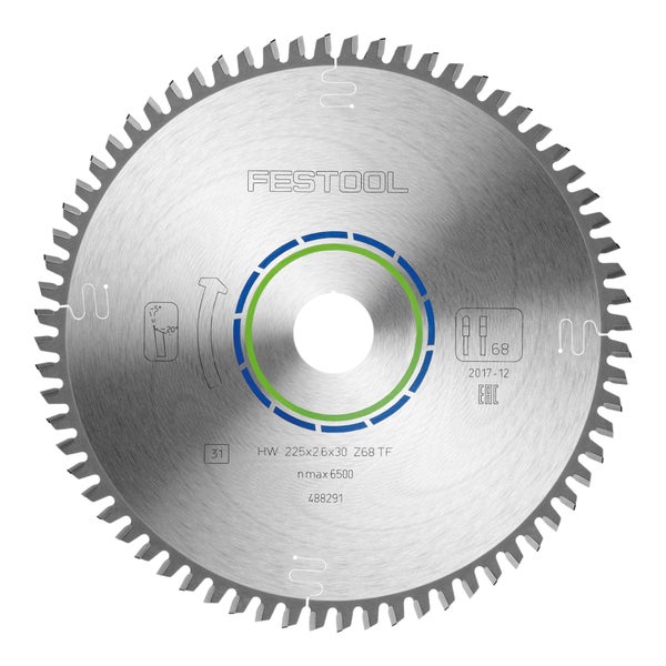 Festool Kreissägeblatt Hartmetall 225 mal 2,6 mal 30 Millimeter mit 68 Trapez-Flachzähnen für Kunststoff und Laminat.