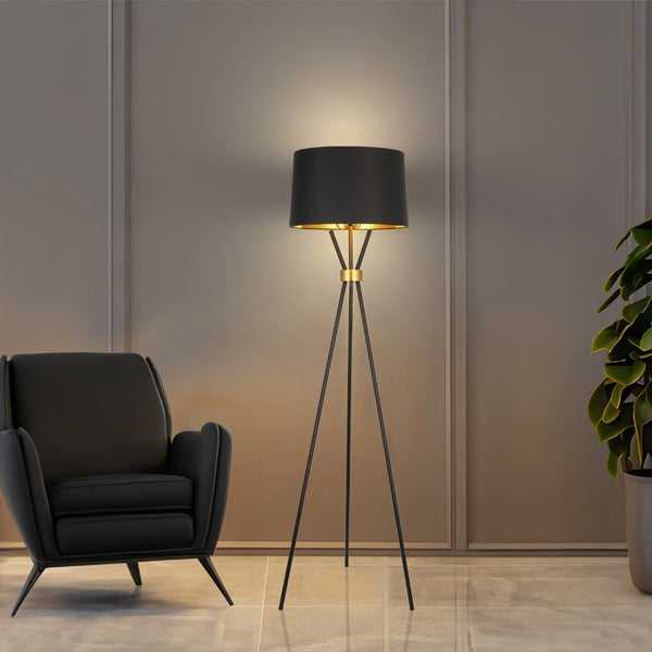Home Deluxe - Stehlampe LUNA - Schwarz / Gold, Blendfreies Licht, 54,5 x 165 cm, Metall / Rattan I Stehleuchten Bodenlampen Standlampe