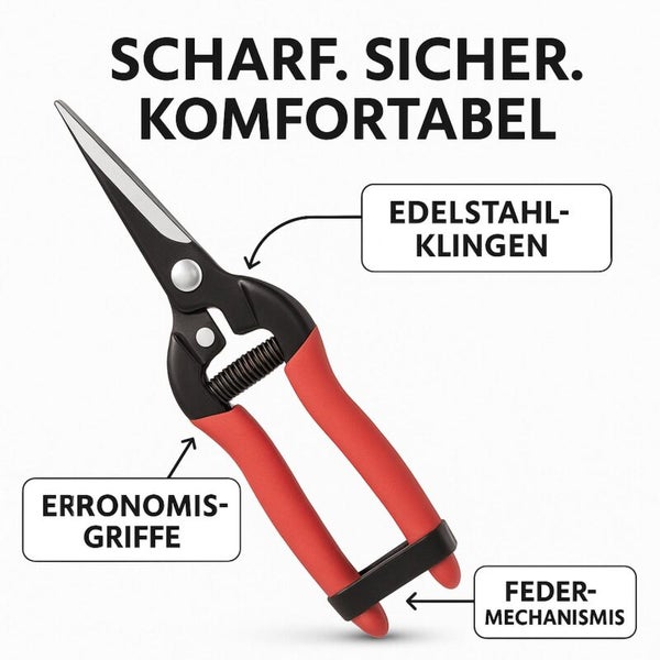 Gartenschere mit Edelstahlklingen, Federmechanismus und ergonomischen Griffen