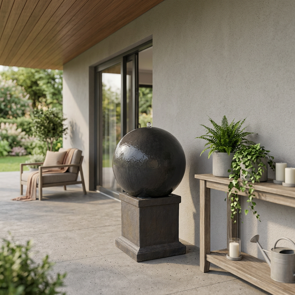 Kugelbrunnen auf einem quadratischen Sockel, aufgestellt auf einer Terrasse vor einem Wohnhaus mit Gartenmöbeln und Dekoration.