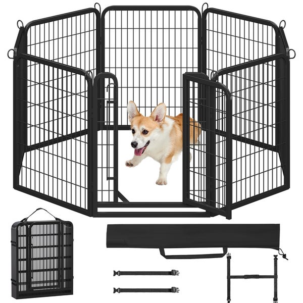 Hund betritt ein freistehendes, schwarzes Metallgitter-Haustiergehege mit Zubehör