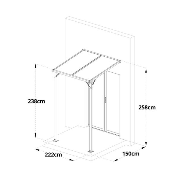 Technische Zeichnung einer Haustürüberdachung mit Bemaßung von 238 cm Höhe, 258 cm Höhe, 222 cm Breite und 150 cm Tiefe.