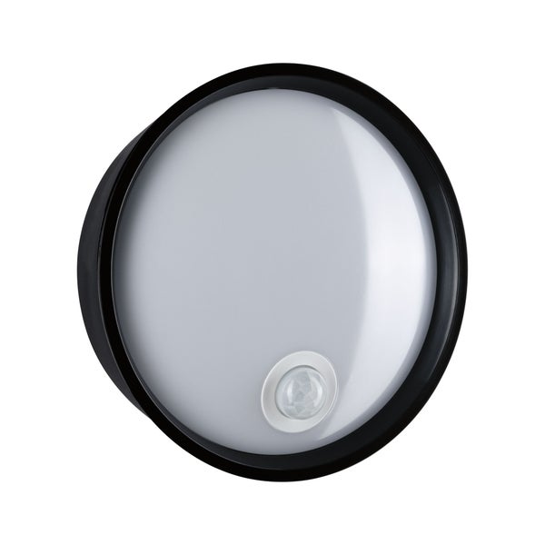 LED Außenwandleuchte Platomo Dämmerungsgesteuerter Bewegungsmelder (IR) seewasserresistent IP44 rund 180mm 3000K 14,5W 1200lm 230V Schwarz Kunststoff