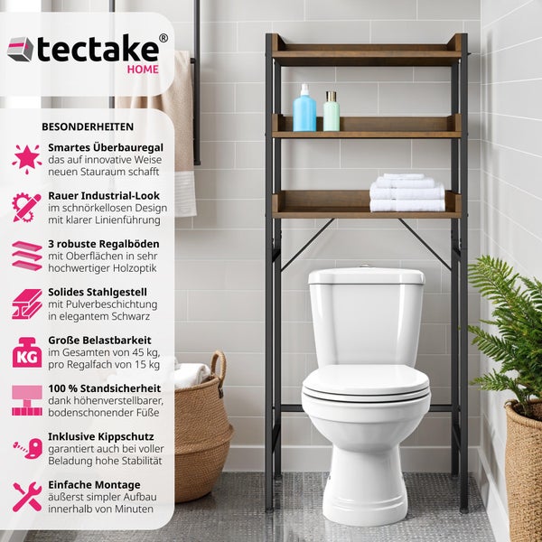 tectake HOME Logo. Badregal im Industrial-Stil über einer Toilette mit schwarzem Stahlgestell und Ablagen in Holzoptik. Symbole für Produkteigenschaften.