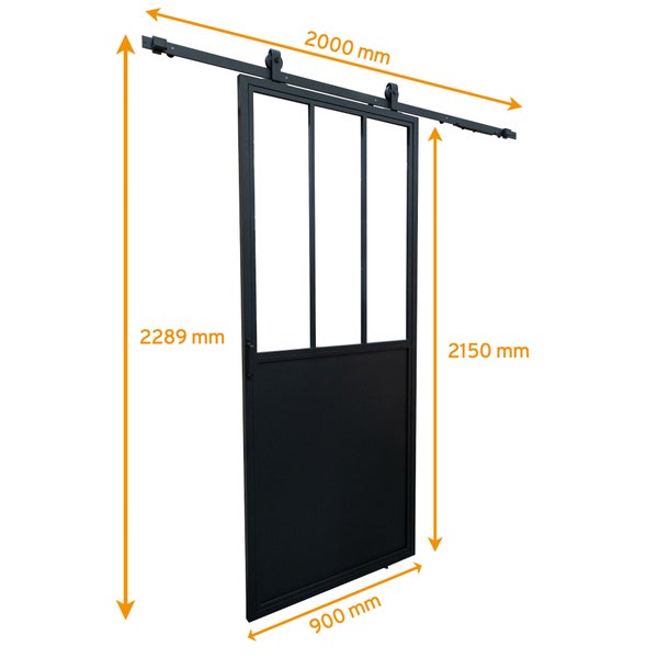 Loftschiebetür Komplettset 900x2150mm aus Stahl in schwarz mit Glaseinsatz
