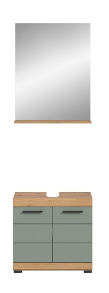 Badezimmermöbel-Set bestehend aus einem Waschbeckenunterschrank mit grünen Fronten und Holzdekor sowie einem rechteckigen Spiegel mit Holzablage.