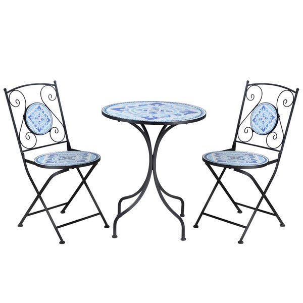 Outsunny 3tlg. Garten Sitzgruppe, mit Ø 61 cm Tisch+2 faltbare Stühle, Stahl, Blau