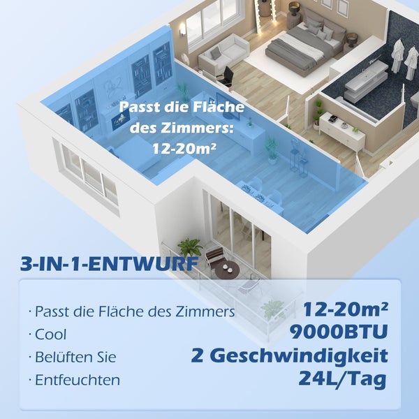 HOMCOM Mobile Klimaanlage, 3-in-1 Klimagerät mit Abluftschlauch, 9000 BTU/h(2600 W), mit LED-Anzeige, 33L x 28B x 68,5H cm, ABS-Kunststoff, Schwarz